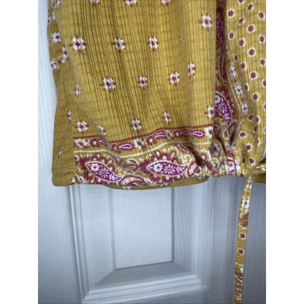 Como Blu Mustard Boho Peasant Blouse L Paisley Print Button Front Drawstring - Picture 5 of 8